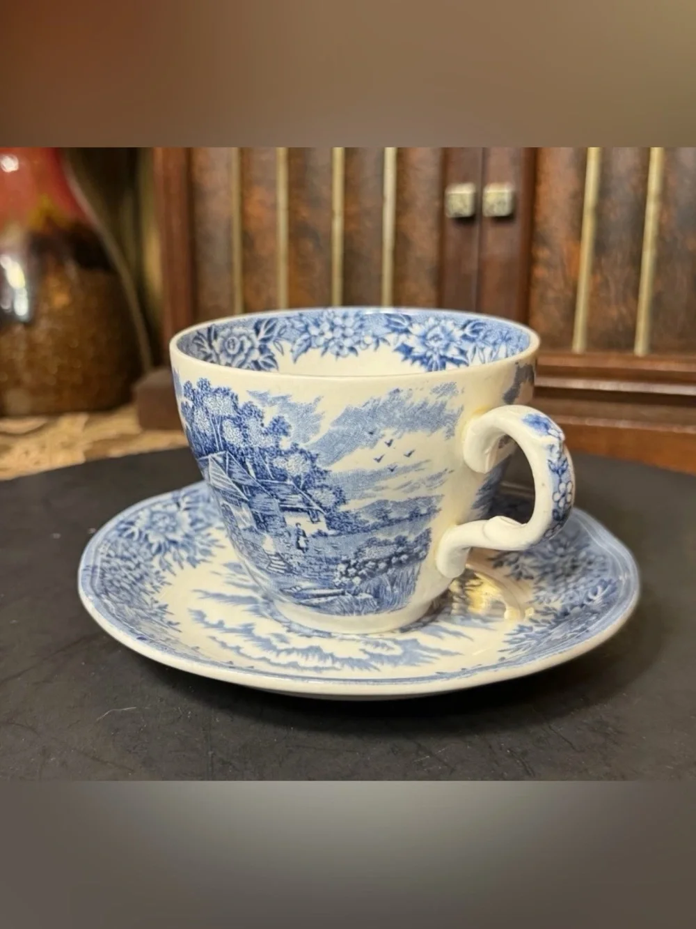 Vintage 1950s Salem English Village Blue Transferware Teacup & Saucer England
